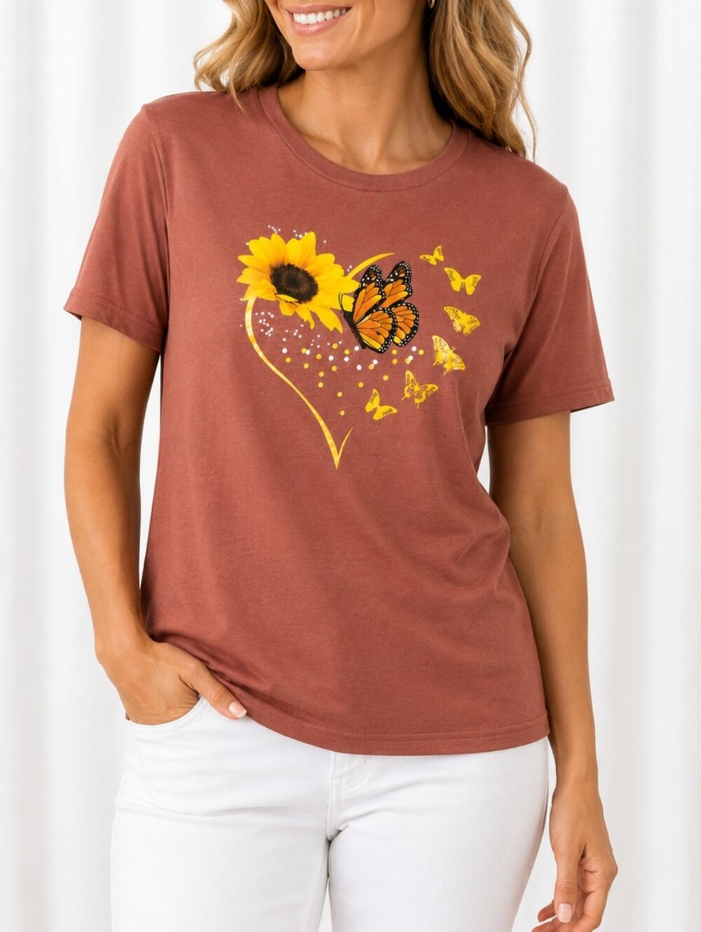 🌻 Sunflower Butterfly Heart Graphic Tee Women's EUC Boho Cottagecore Casual